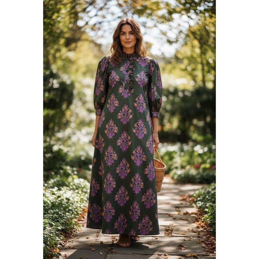 NWT Entro Women's A-Line Midi Dress Sz M Cottagecore Green Floral Modest
